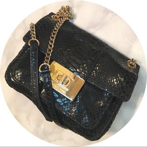 Michael Kors Black Faux-Snake Patent Leather Crossbody with Gold Hardware